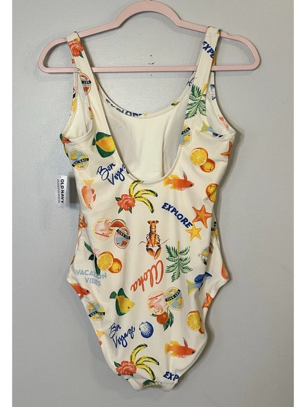 NWTS Old Navy Matte One Piece Beach Scene Open Back Medium Women’s Swimsuit.